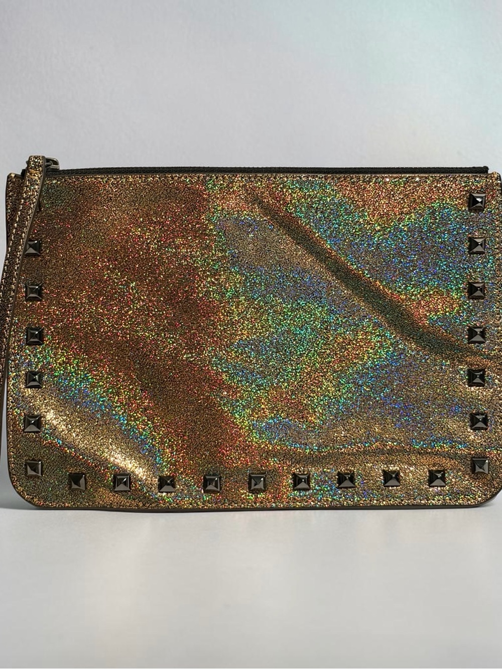 Rebecca Minkoff Pouch Metallic Gold Iridescent Studded Wristlet Clutch Festive
